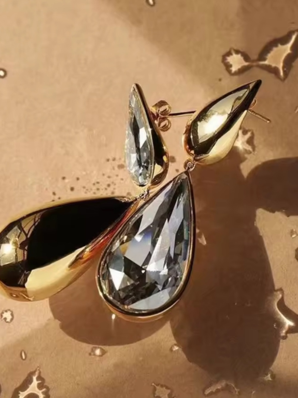 Gold & Crystal Teardrop Statement Earrings – Asymmetrical Drop Earrings - Picture 3 of 11